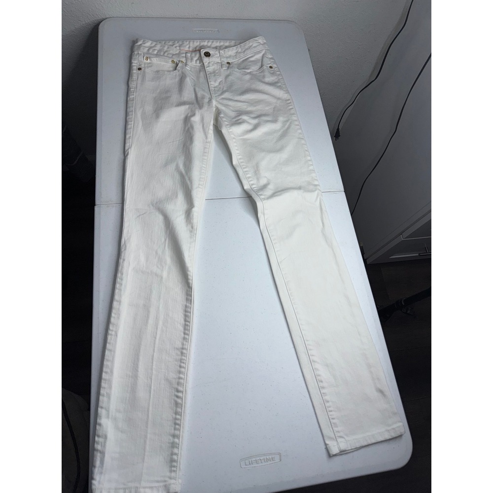 Tory Burch Super Skinny Jeans White Denim Gold Logo Hardware Size 27